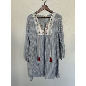 NEW Mystree boho tunic dress chambray embroidered long sleeve blue tassle small